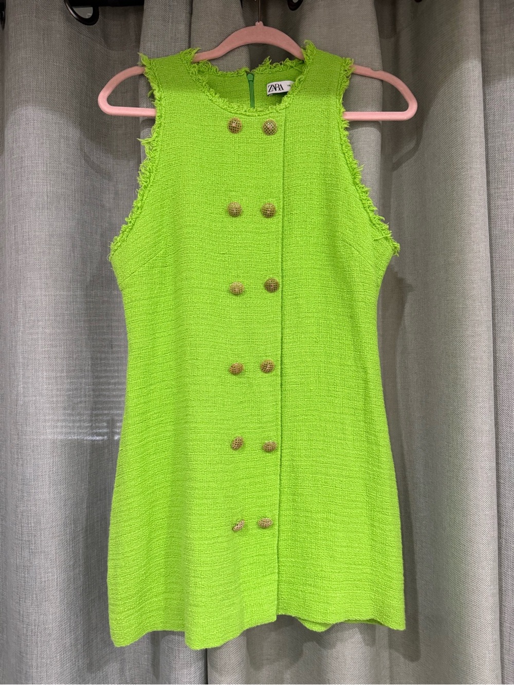 Zara Neon Lime Frayed Tweed Dress with Gold-Tone Buttons - Picture 5 of 6